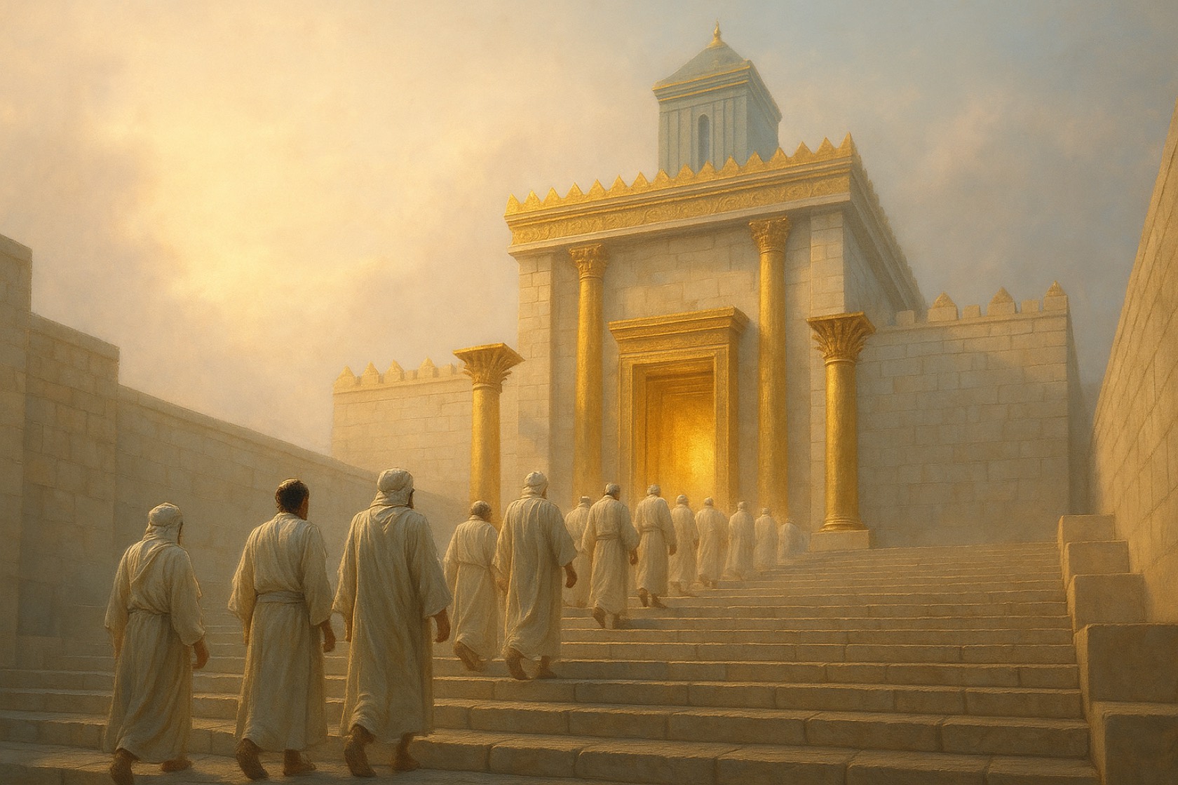 Ascending the steps toward the Heichal at dawn