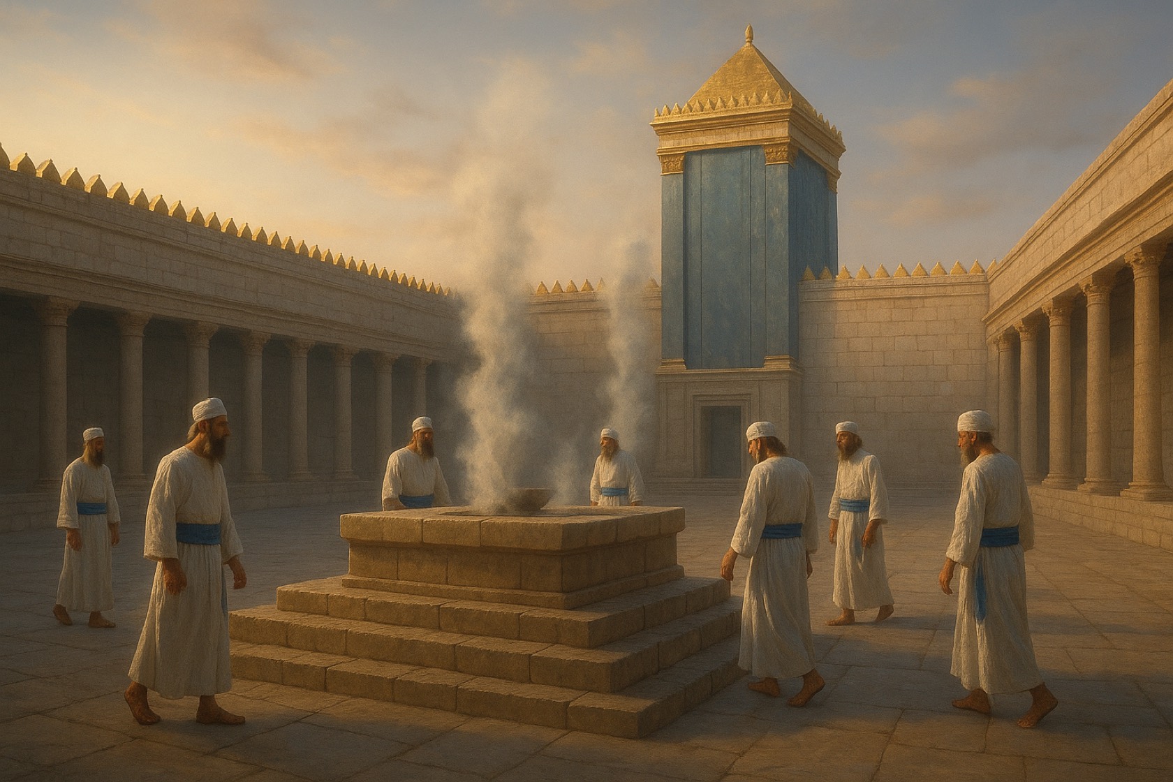 The avodah at dawn — kohanim at the Mizbeach, wide and reverent