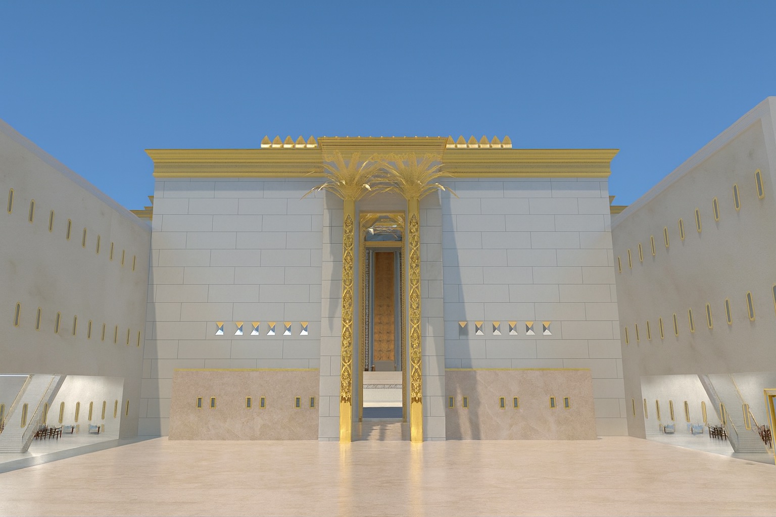 A Mikdash3 rendering looking toward the central gate of the Third Beis HaMikdash