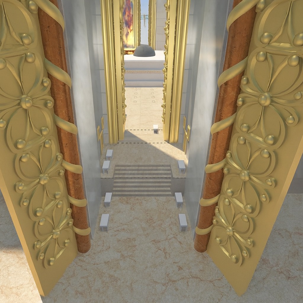 Looking through a golden gate toward the steps rising into the Azarah