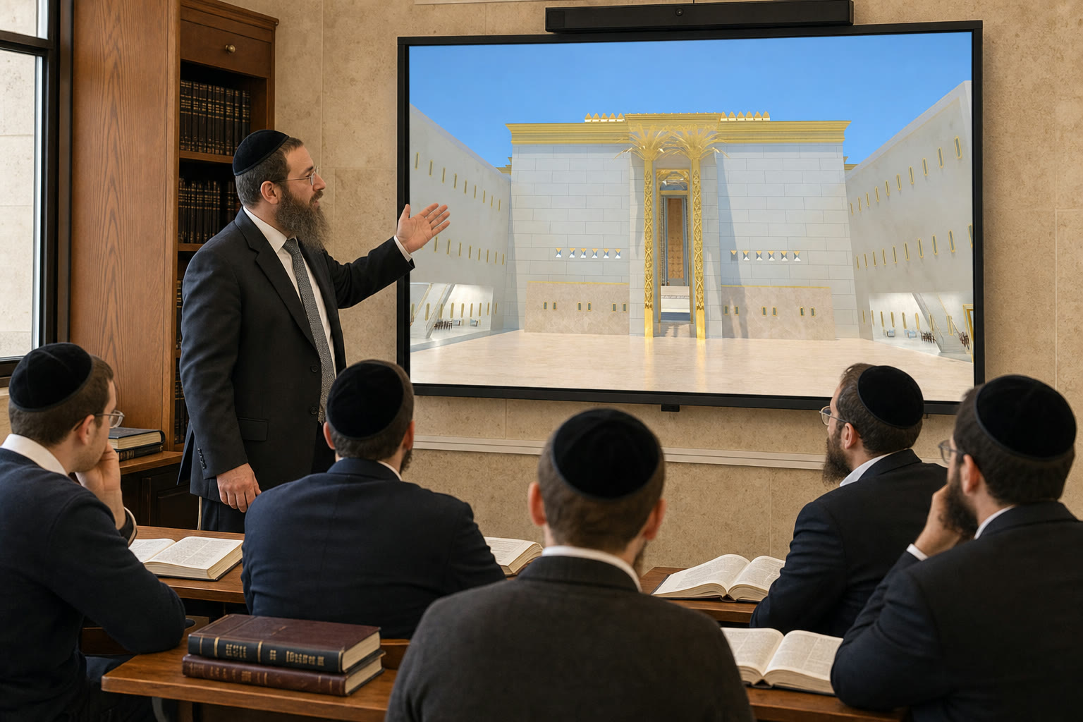 A male teacher and male students studying an exact Mikdash3 Third-Temple facade rendering on a classroom screen