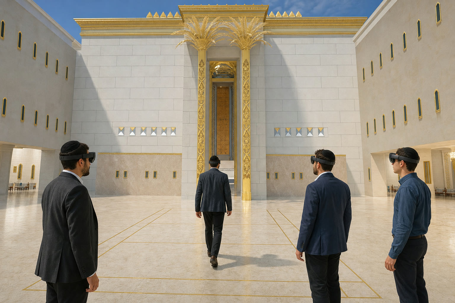 Orthodox Jewish men wearing mixed-reality goggles while walking a marked floor inside a full-scale Mikdash3-based concept environment